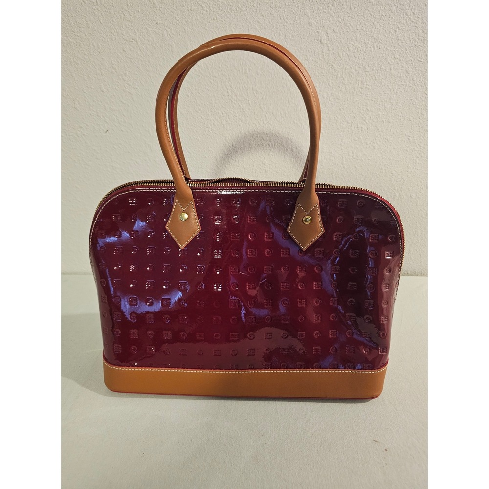Arcadia Satchel Burgundy Patent Leather Embossed Logo Handbag